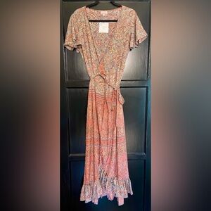 Pink, gold and grey blue wrap dress in size L.